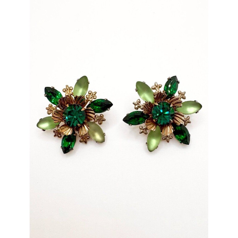 Vintage Green Rhinestone Starburst Earrings 1950s-1960s MCM Clip Ons